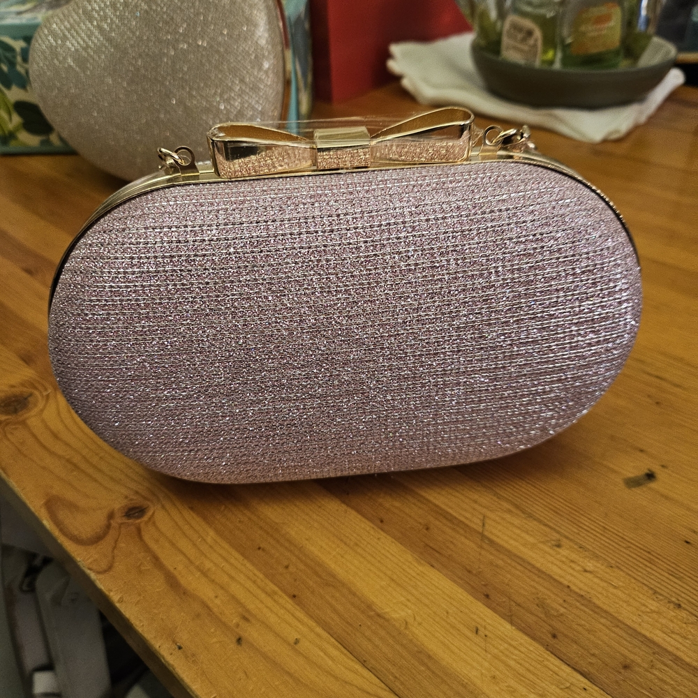 Glitter Bow Oval Clutch Wristlet - Pink